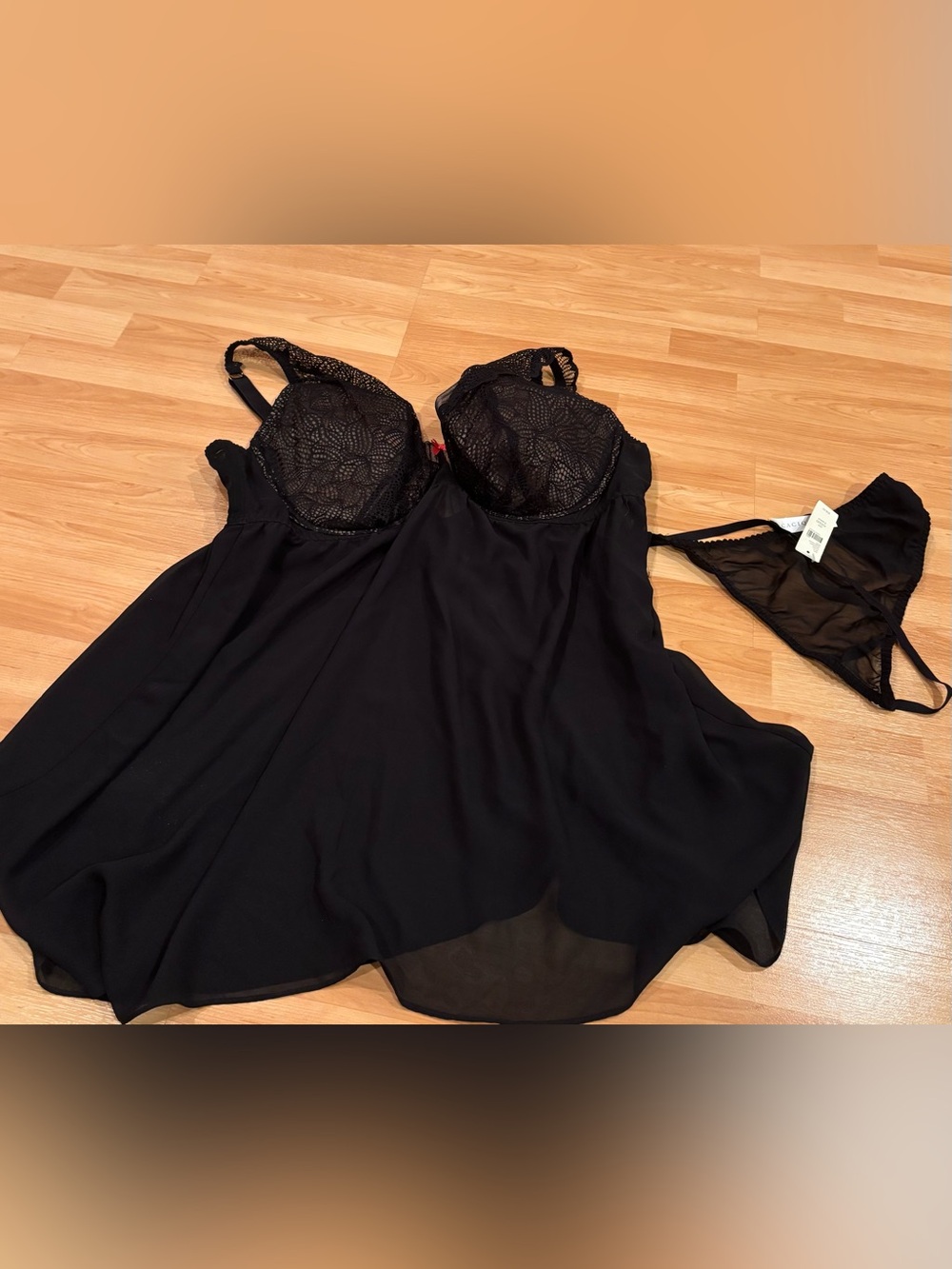 Cacique Black Lace Babydoll Chemise with Matching Thong